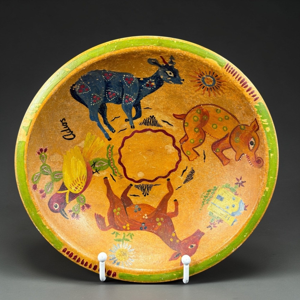 Vintage Munising Hand Painted Wood‎ Bowl 1946 Folk Art Animals Adios Signed Dish